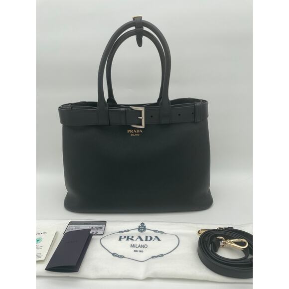 $6100 NEW PRADA LARGE BLACK LEATHER BUCKLE SHOULDER TOTE BAG AUTHENTIC - Picture 5 of 16